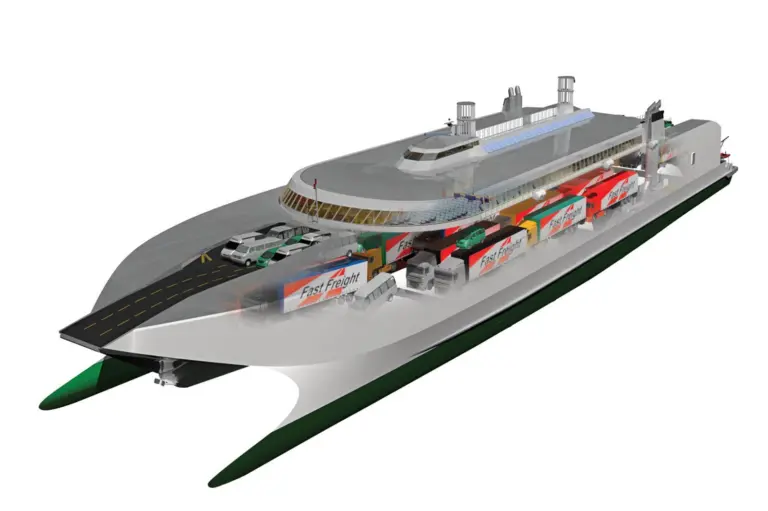 The Ecoship 130 can be fitted with solar panels and wind turbines on the superstructure roof