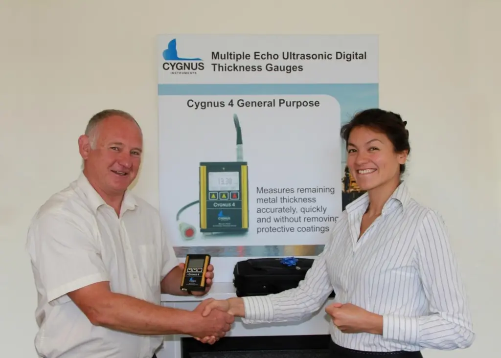 Leon Jennings receives his new Cygnus thickness gauge at Seawork