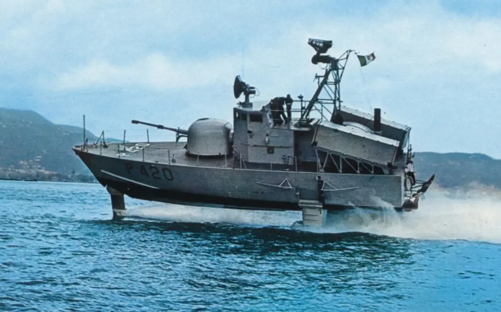 An Italian Sparviero class military hydrofoil patrol vessel; a version is still in service in Japan
