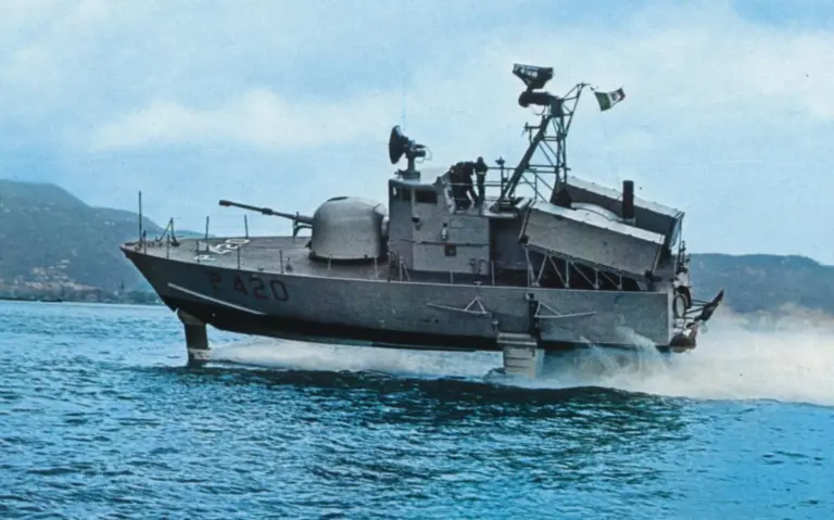 An Italian Sparviero class military hydrofoil patrol vessel; a version is still in service in Japan