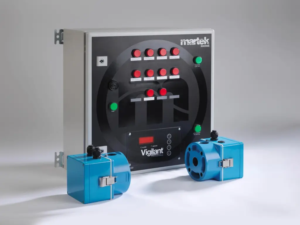 Martek Marine’s Vigilant system, showing the transmitter and receiver heads and the control panel
