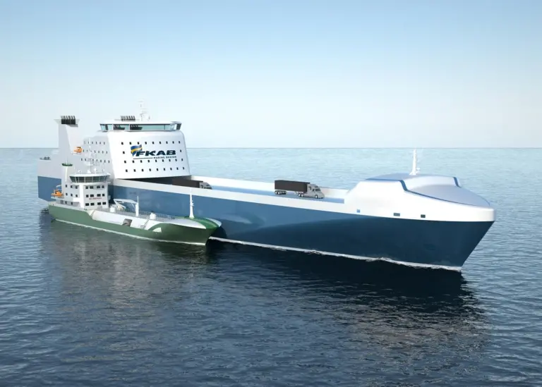 Illustration showing example of LNG bunker vessel refuelling LNG powered roro vessel