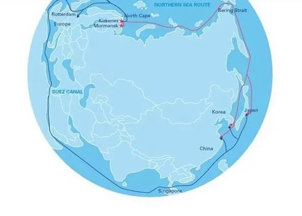 Map showing savings using the Arctic route
