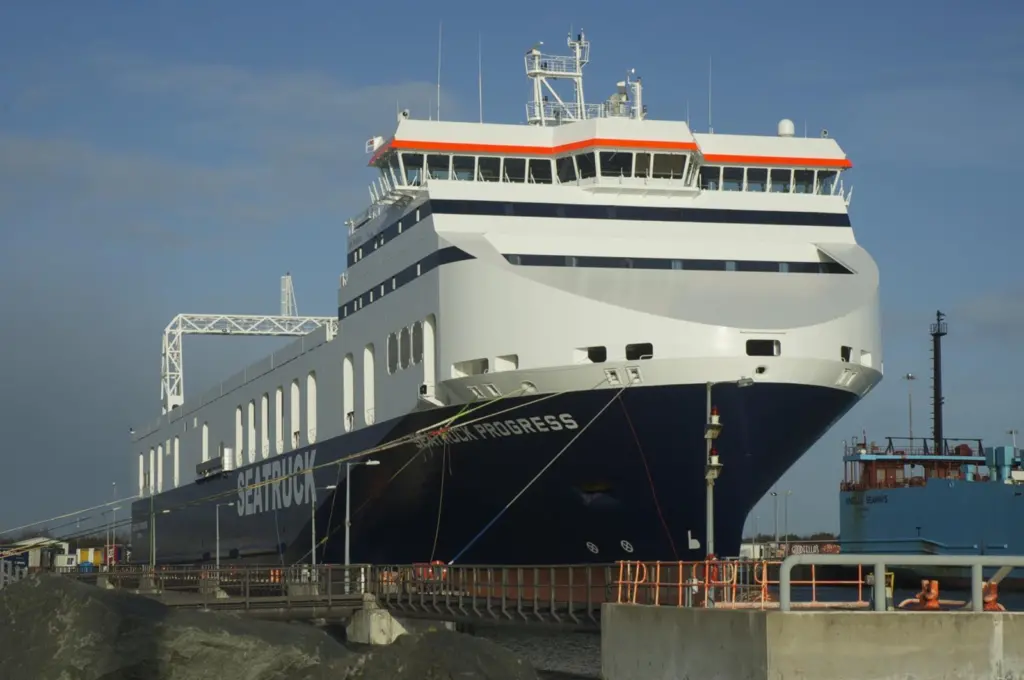 ‘Seatruck Progress’, the first of four new ro-ro freight ferries, pictured alongside at Dublin