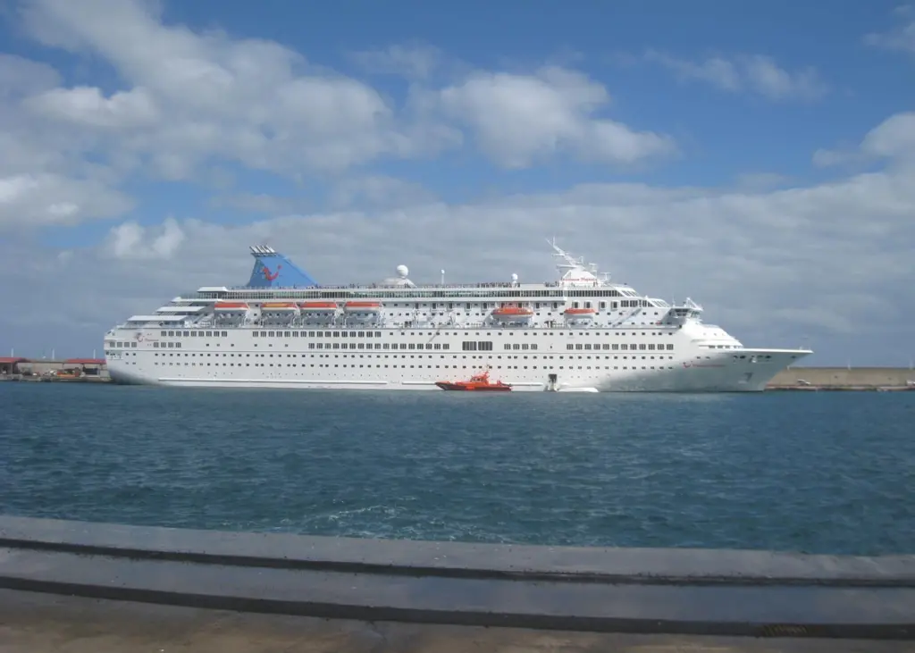 'Thomson Majesty' after the accident showing the upturned lifeboat beside the vessel