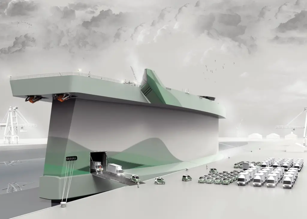Norway’s Vindskip re-shapes the tall hull of a PCTC ship to provide ‘sail assistance’ to a gas powered propulsion plant, offering 60% fuel savings and 80% lower emissions