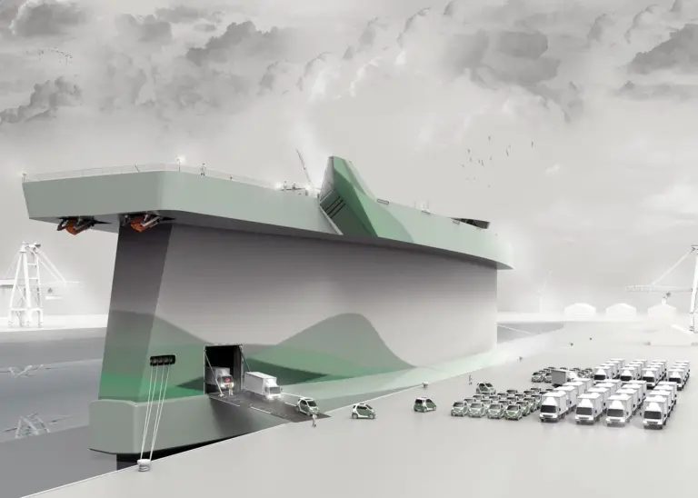 Norway’s Vindskip re-shapes the tall hull of a PCTC ship to provide ‘sail assistance’ to a gas powered propulsion plant, offering 60% fuel savings and 80% lower emissions