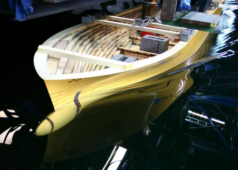 The optimised designs were tested for efficiency at the Hamburg Ship Model Basin