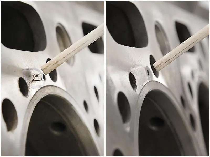 The supersonic speed at which the powder impacts the damaged surface compacts the powder into a solid layer and repairs the damage. Credit: www.mtu-report.com