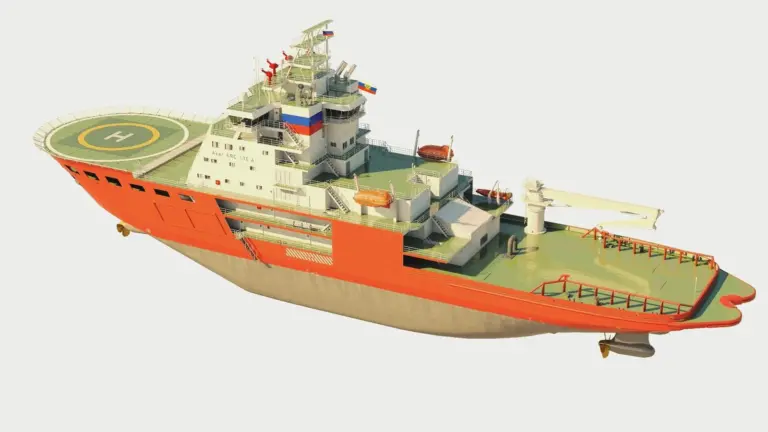 ARC 130A has a reinforced hull optimised both for a 16kn open water transit alongside the ability to break level ice two metres thick with 30cm snow cover. Image: Aker Arctic