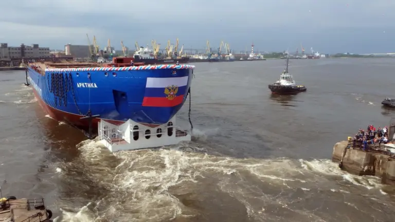 'Arktika', the world's biggest and most powerful icebreaker, on its launch at Baltiysky Zavod shipyard in St Petersburg