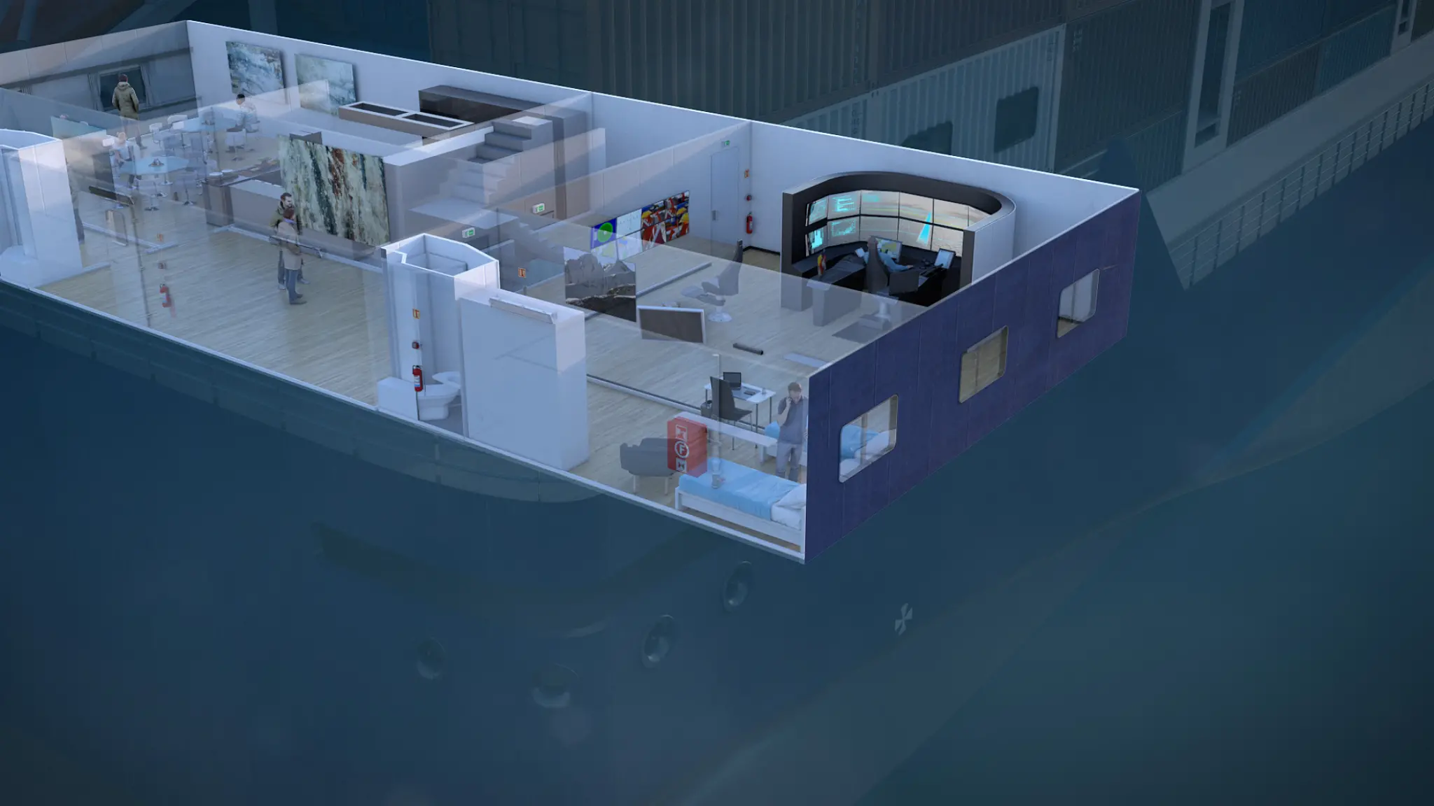 A bridge concept, located below cargo, features automatic lookout with decision support and can easily be brought ashore