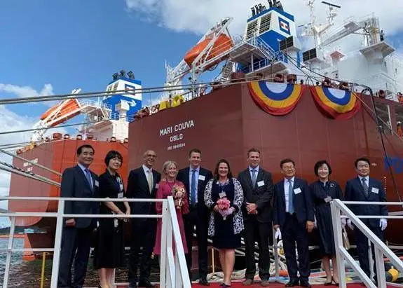 Naming ceremony for the ‘M/T Mari Couva’ and ‘M/T Mari Kokako’ at the Hyundai Mipo Dockyard in Ulsan, Korea Photo: Methanex Corporation
