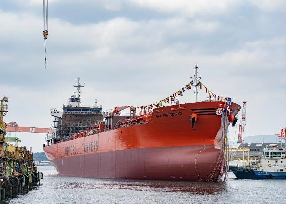 The Bow Persistent parcel tanker, pictured at her naming ceremony in January. (Credit: Odfjell)