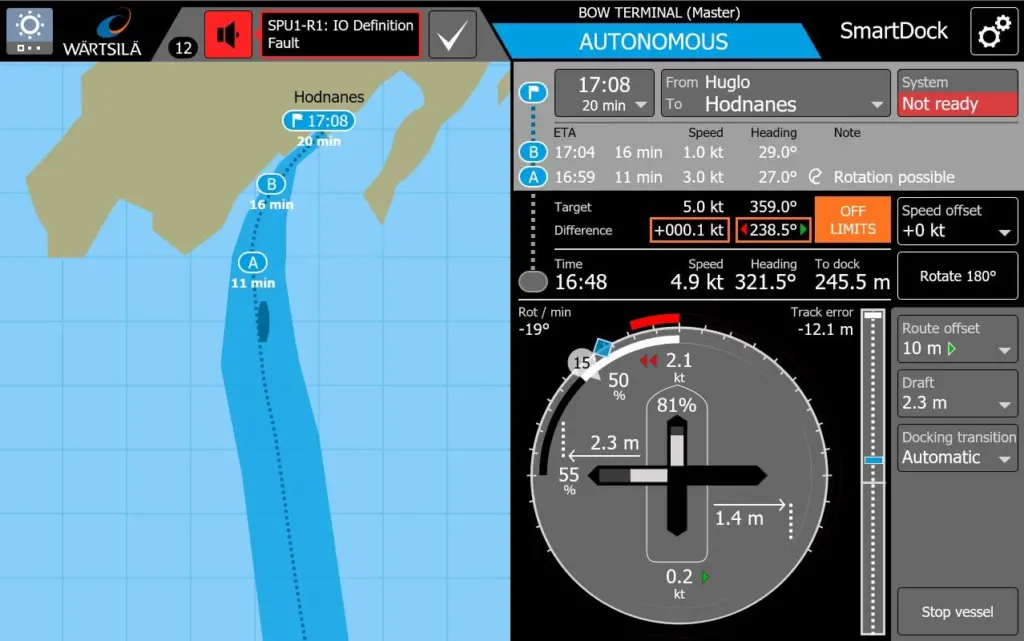 SmartDock screenshot, showing speed, heading, distance to berth, and automatic track. Image: Wärtsilä