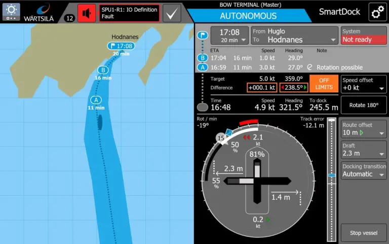 SmartDock screenshot, showing speed, heading, distance to berth, and automatic track. Image: Wärtsilä