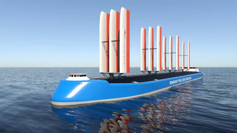 Windship Technology is working towards obtaining Approval in Principle for a design integrating solid aerofoils, solar panels, heat recovery and onboard CO2 capture. (credit: Windship Technology)