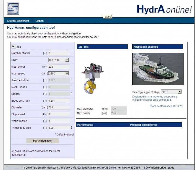 Schottel online calculation interface for provisional calculation of the propeller design
