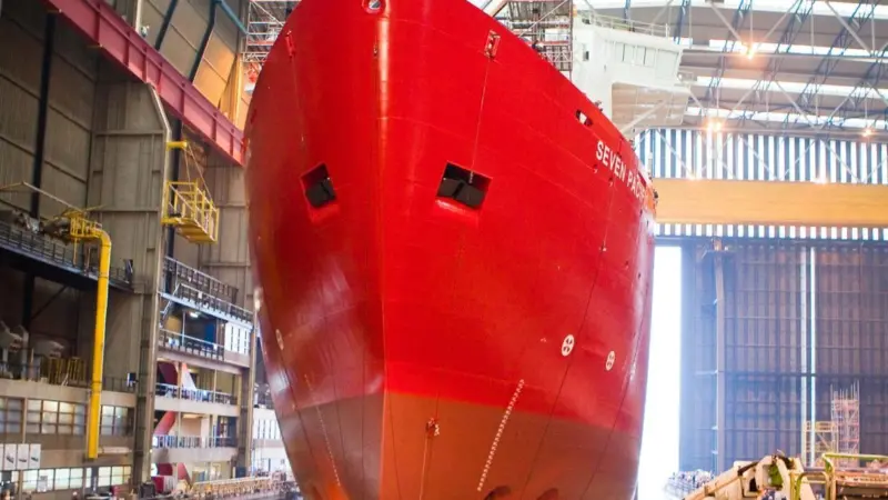 Launch of the Seven Pacific pipelay vessel at IHC Merwede shipyard