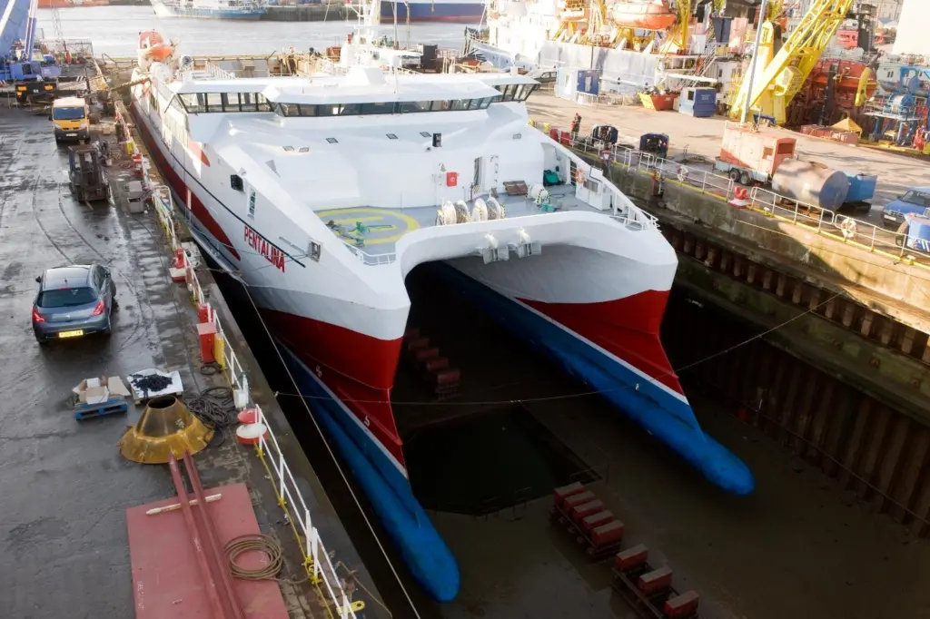 Catamaran ferry Pentalina undergoing maintenance in Aberdeen dry dock