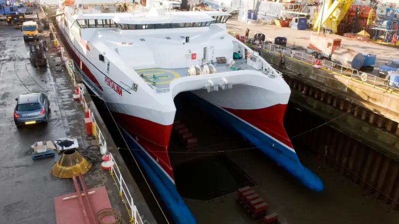 Catamaran ferry Pentalina undergoing maintenance in Aberdeen dry dock