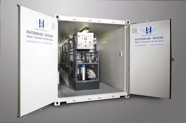 Five Hatenboer RO watermakers in a 40ft container, for installation on one of two accommodation ships converted from river cruisers
