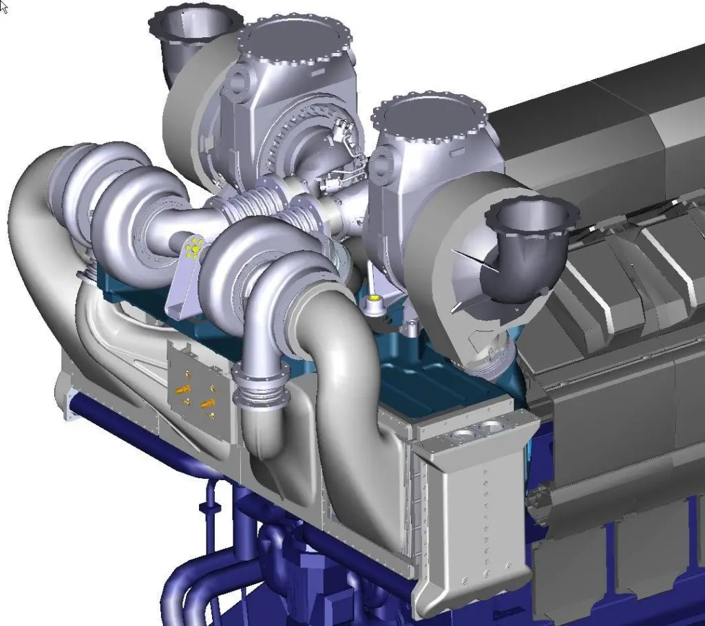 Illustration of the 2-stage turbocharger on a Wärtsilä 32 engine