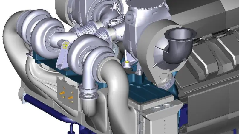 Illustration of the 2-stage turbocharger on a Wärtsilä 32 engine