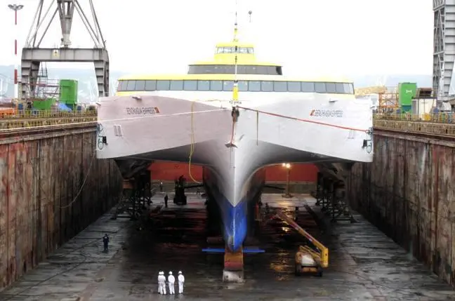 Austal built trimaran in drydock