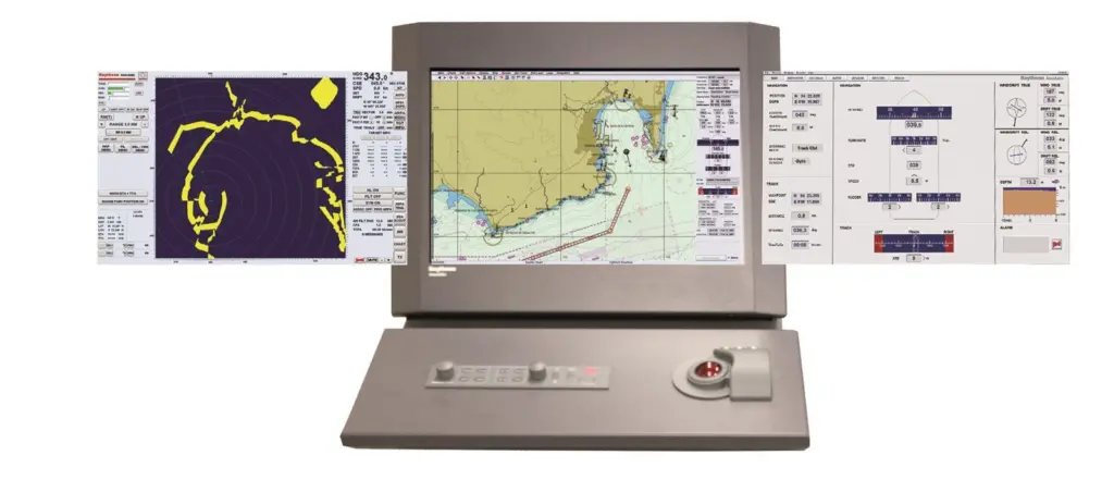 Multifunction Displays can combine various functions such as Radar, ECDIS and Conning at any workstation on the Integrated Bridge