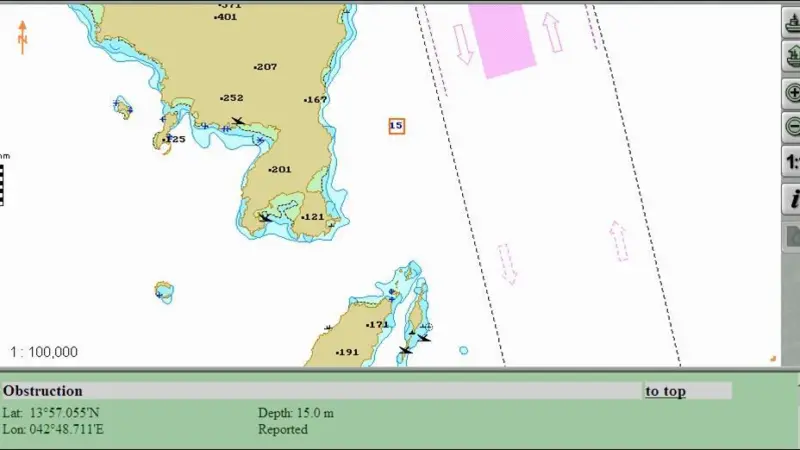 A shoal spot sounding of 15m within the safe water area is encoded as an obstruction on TX 97 charts created from paper sources and is always shown in standard and base display modes