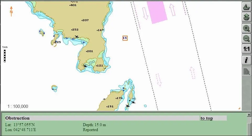 A shoal spot sounding of 15m within the safe water area is encoded as an obstruction on TX 97 charts created from paper sources and is always shown in standard and base display modes