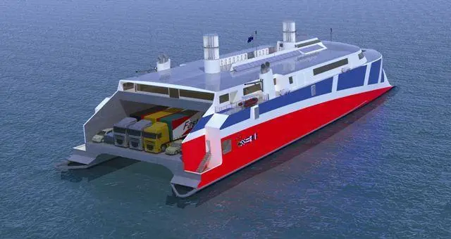 Tentative image of the speculative Incat 85m Evolution showing the proposed cylindrical wind turbines and solar panels