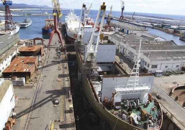 The general cargo ship Umiavut and the fruit juice carrier Orange Sky in drydock at Estaleiros Navais de Viana do Castelo