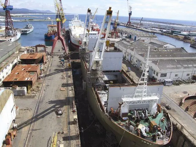 The general cargo ship Umiavut and the fruit juice carrier Orange Sky in drydock at Estaleiros Navais de Viana do Castelo