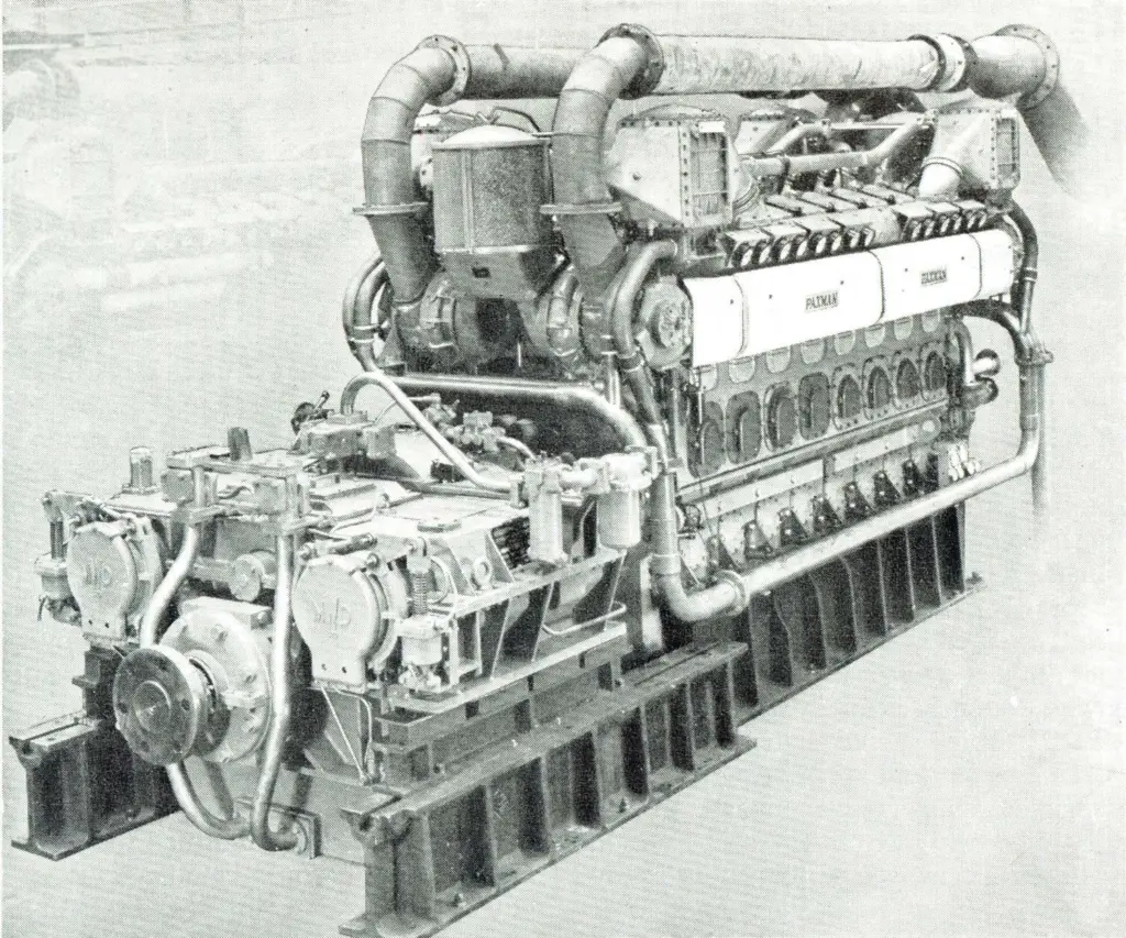 A Paxman 1,650 bhp V16 engine on the test bed, complete with reverse-reduction gearbox