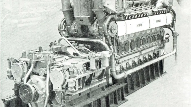 A Paxman 1,650 bhp V16 engine on the test bed, complete with reverse-reduction gearbox