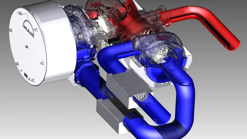 Model showing the compact architecture of two-stage turbocharging with intermediate cooling