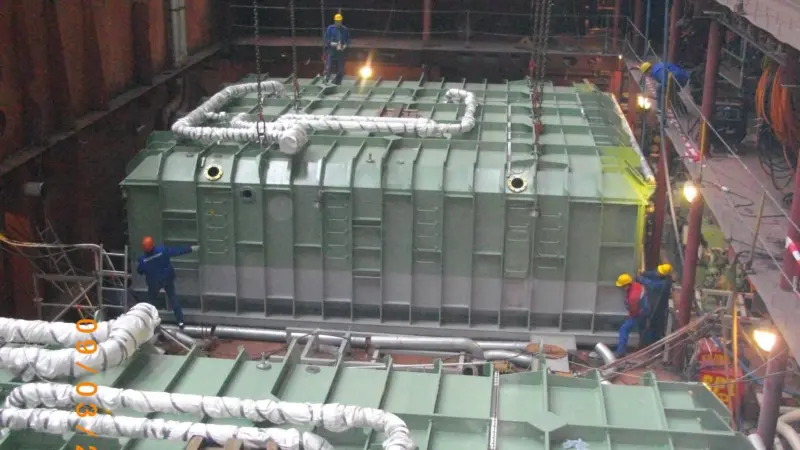 Hamworthy twin process tank system being installed on a cruise ship at Meyer Werft shipyard