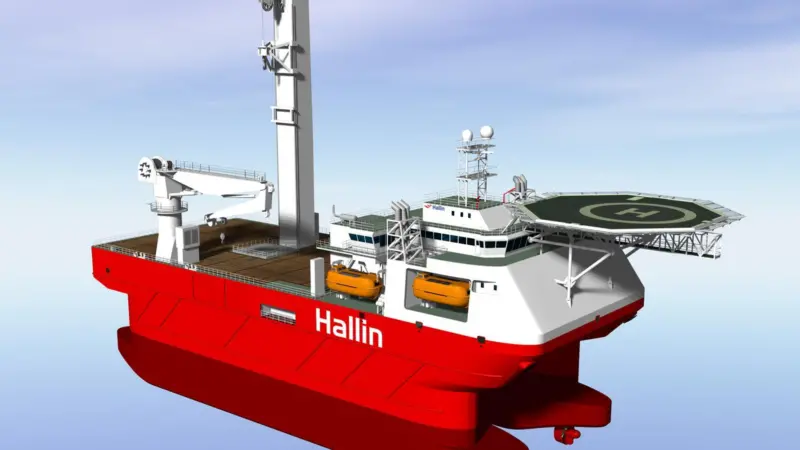 Impression of the oil well intervention compact semi submersible ordered by Hallin Marine
