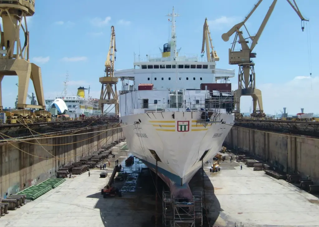 The ropax ferry Berkane drydocked at Navantia's Cadiz yard