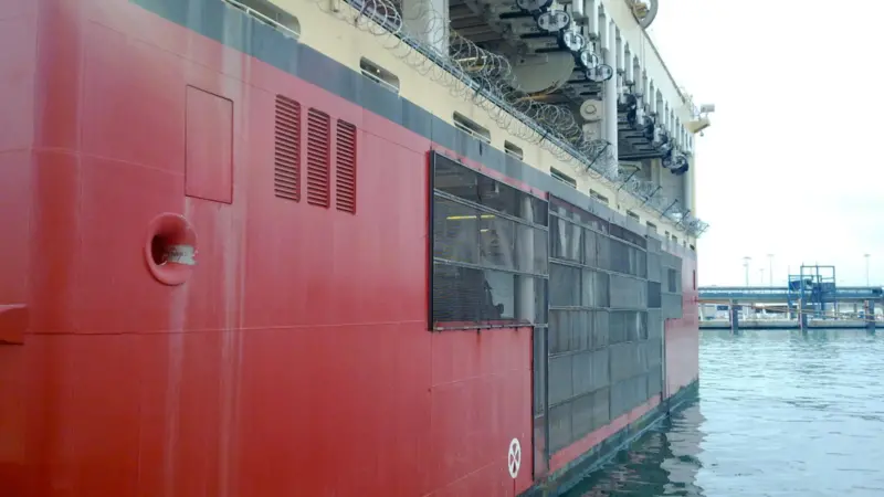 The stern of Ramform Sterling fitted with anti-pirate grids, fences and razor wire