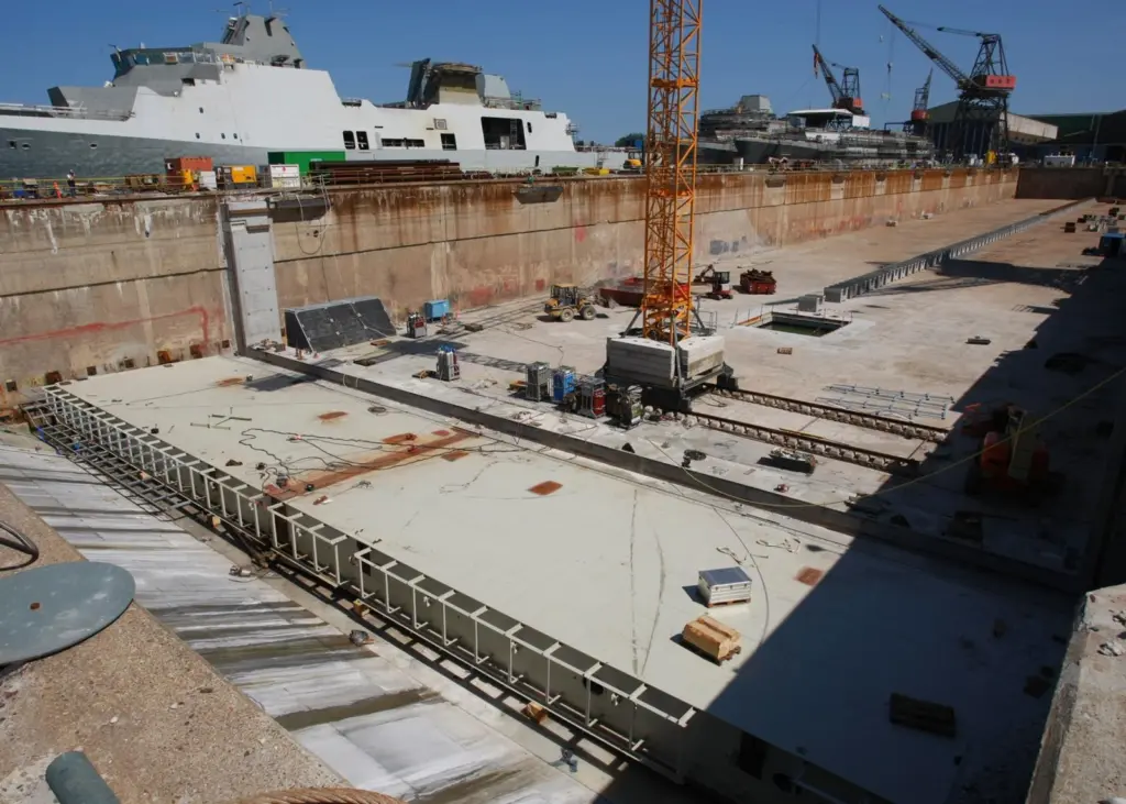 Dock 2 at the Lindo shipyard with, in dock 1, the three new frigates of the Ivar Huitfeldt-class for the Royal Danish Navy in various stages of completion