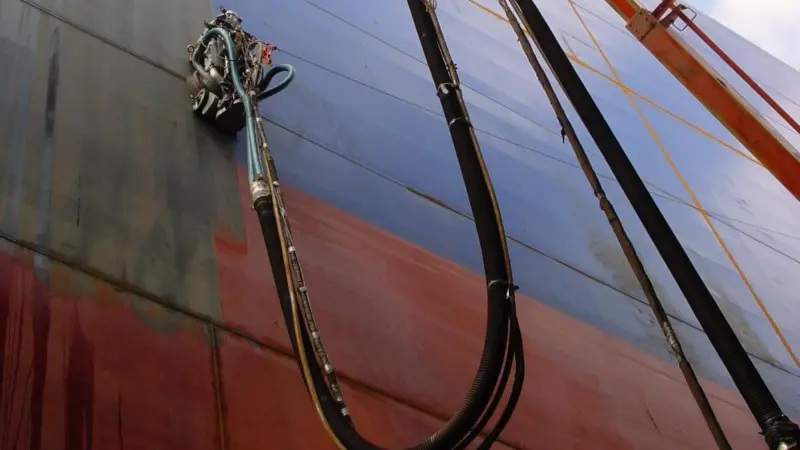 The Envirobot ultra high pressure hull blasting system in action at Gibdock