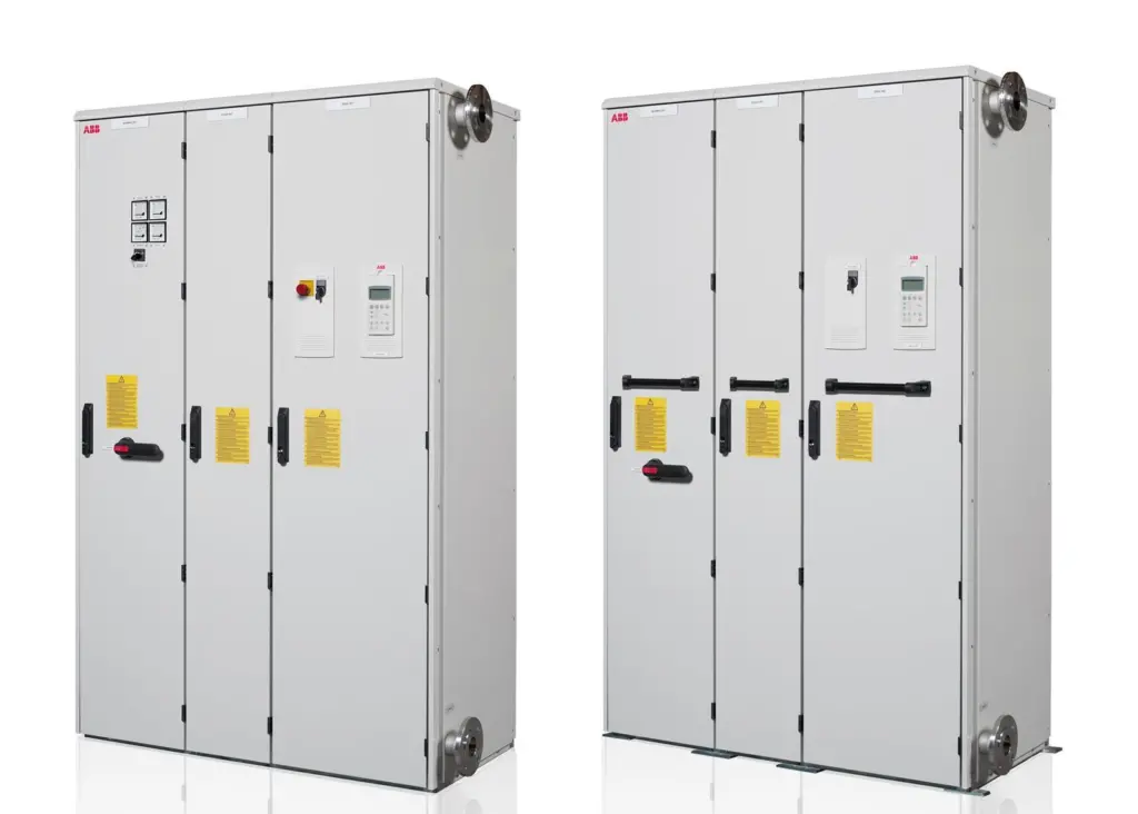 ABB liquid-cooled industrial drives are highly compact and totally enclosed cabinets making them suitable for harsh ambient conditions