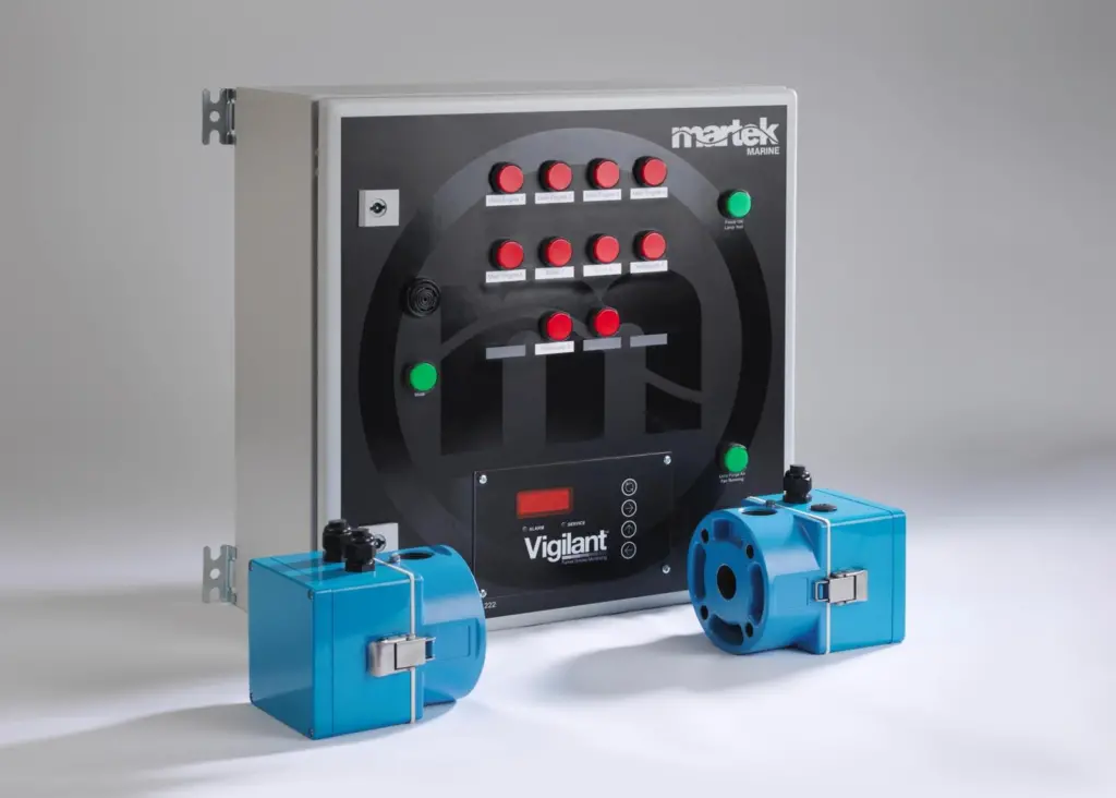 A Vigilant funnel smoke monitoring system control panel with transmitter and receiver