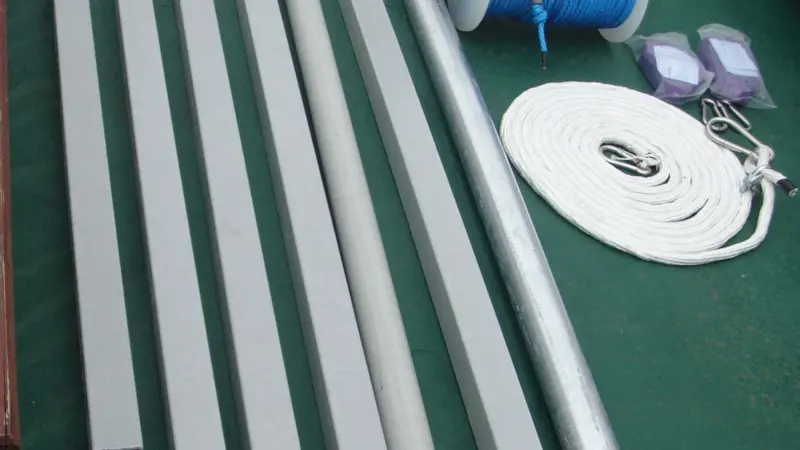The kit of parts that make up one boom, with one of the lines, for MMWC’s propeller arrestor security device