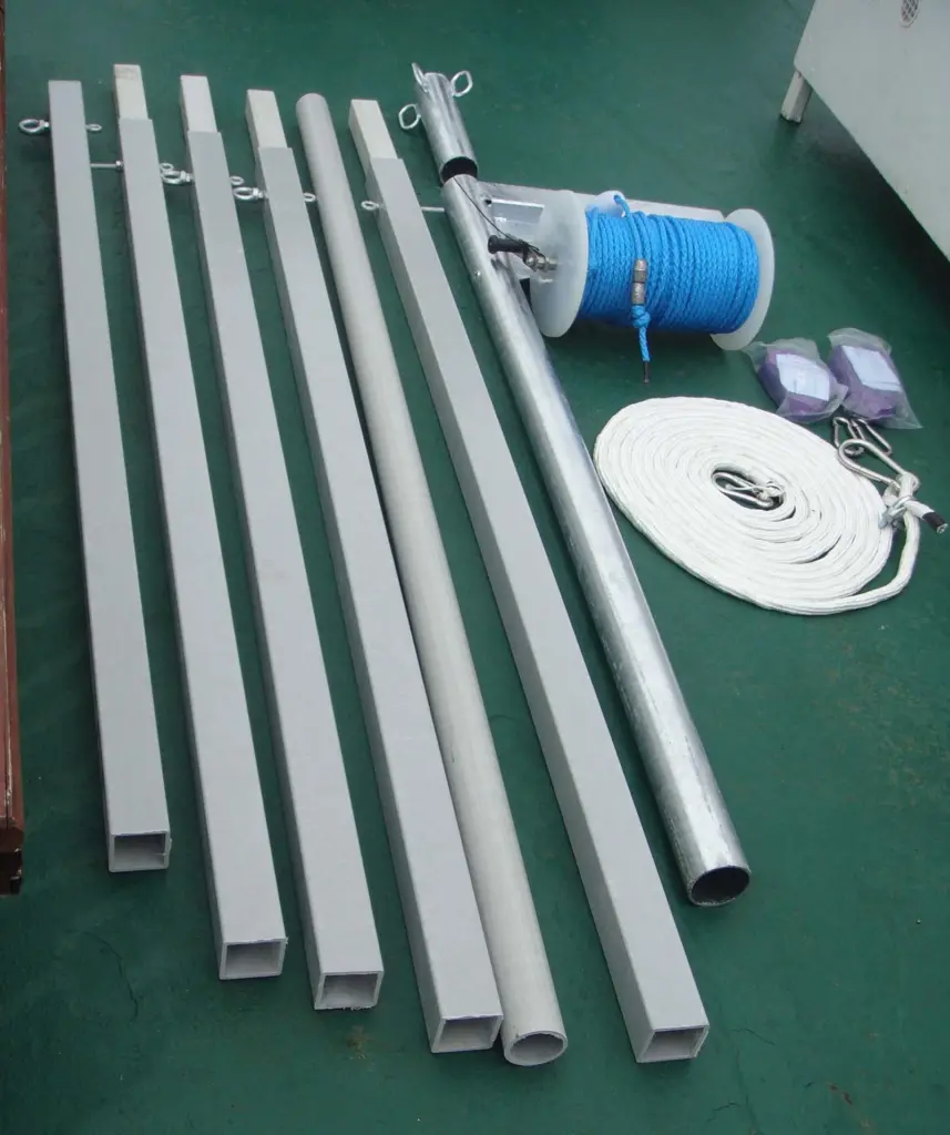 The kit of parts that make up one boom, with one of the lines, for MMWC’s propeller arrestor security device