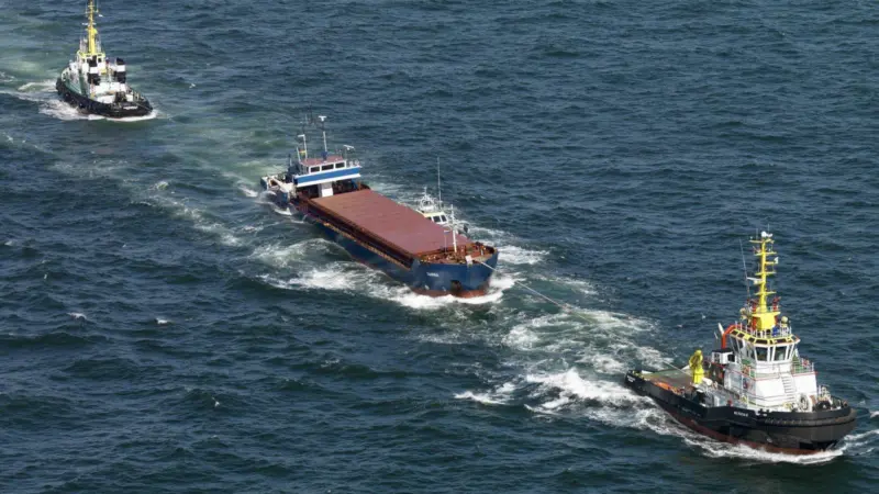 The ‘Janina’ under tow by Multraship tugs, July 2010 (Sky Pictures)