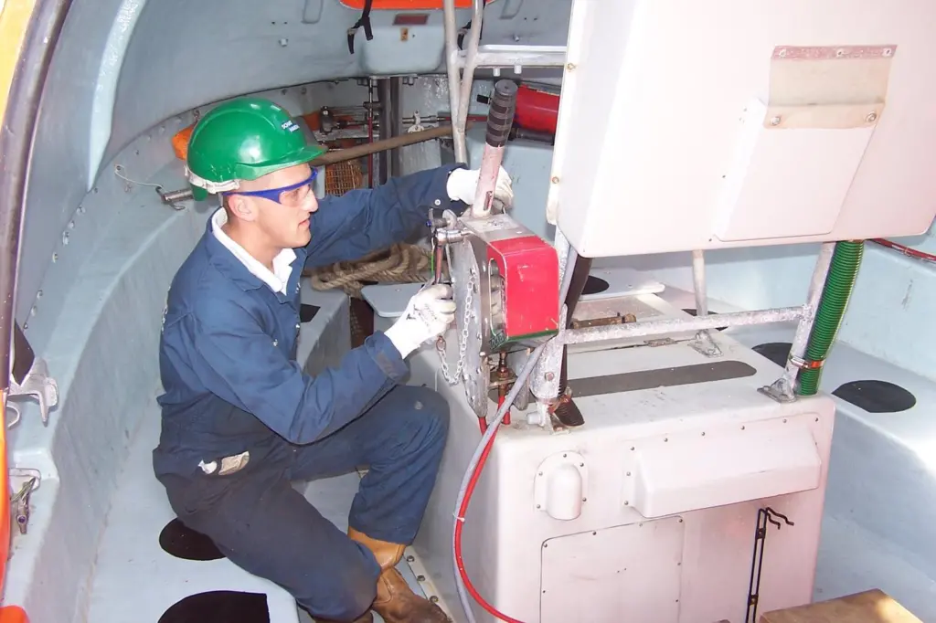 Servicing a Schat-Harding lifeboat hook onboard